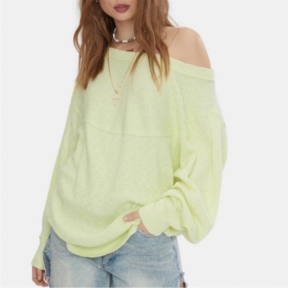 We The Free People OG Thermal Pullover Ribbed Neon Glow Party Green Large